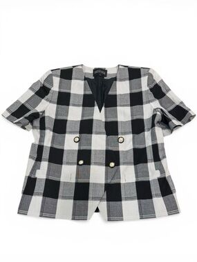 Vintage Blazer Checked Short-Sleeve Double-Breasted - Black & White Business